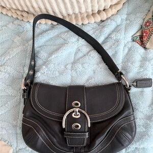 Coach Black Leather Shoulder Bag with Silver Accents